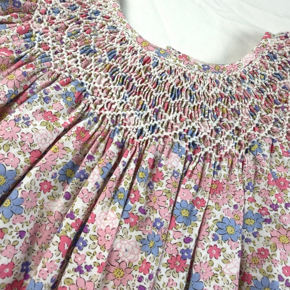 Sweet Dreams Smocked Dress‎ Girls 5 Pink Floral Puff Sleeve Cotton EUC
